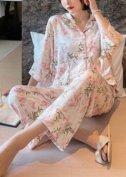 Organic Pink Oversized Print Ice Silk Pajamas Two Piece Set Women Clothing Batwing Sleeve