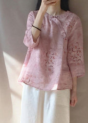 Organic Pink Print Blouses For Women O Neck Chinese Button Daily Tops - bagstylebliss