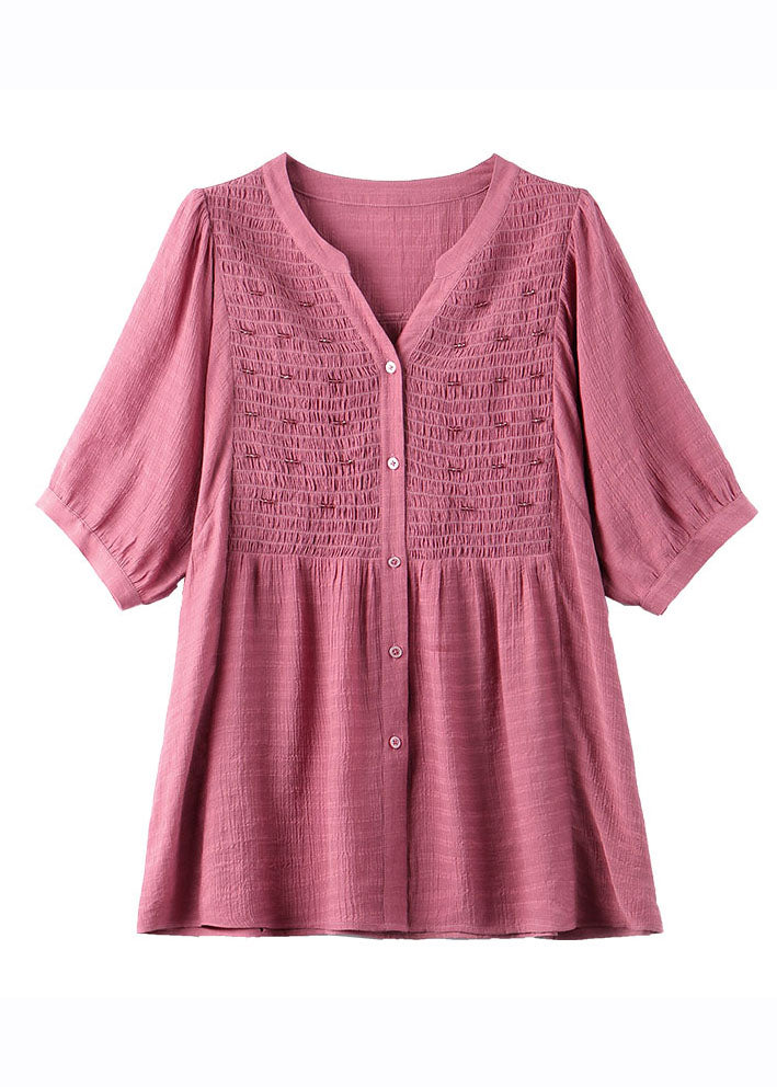 Organic Pink V Neck Wrinkled Button Shirts Half Sleeve