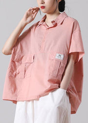 Organic Pink low high design Cotton Short Sleeve Blouses - bagstylebliss