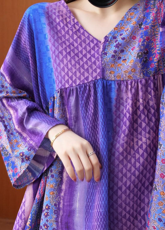 Organic Purple Flare Ärmel V-Ausschnitt Patchwork Print Fall Top