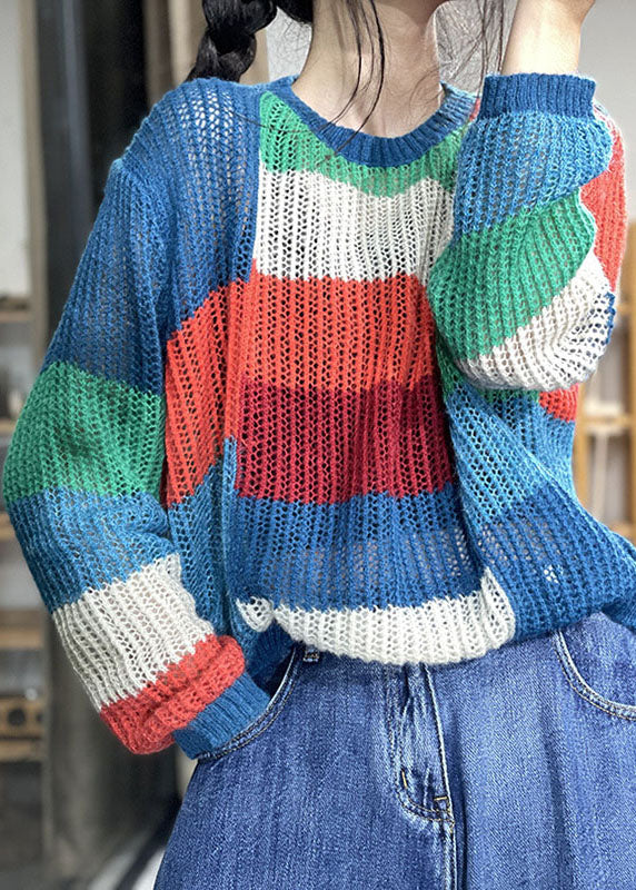 Organic Rainbow Patchwork Loose Casual Fall Knit sweaters