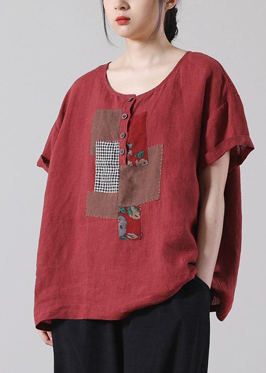 Organic Red Button Short Sleeve Cotton Linen Shirt Tops - bagstylebliss