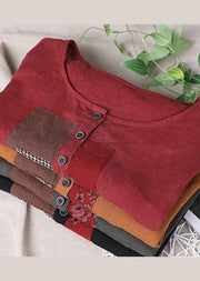Organic Red Button Short Sleeve Cotton Linen Shirt Tops - bagstylebliss
