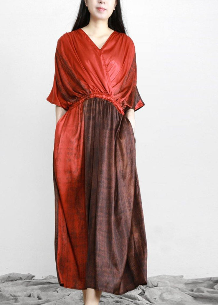 Organic Red Drawstring V Neck Silk Dress - bagstylebliss