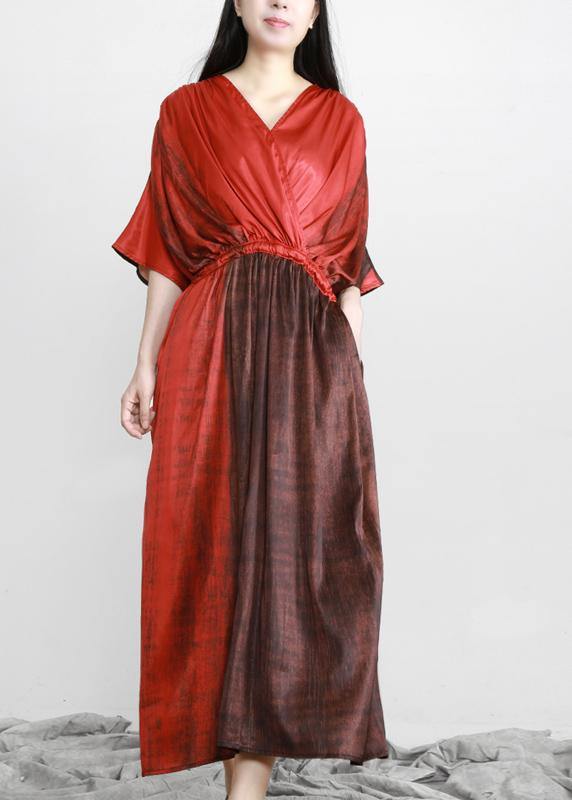 Organic Red Drawstring V Neck Silk Dress - bagstylebliss