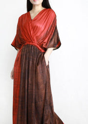 Organic Red Drawstring V Neck Silk Dress - bagstylebliss