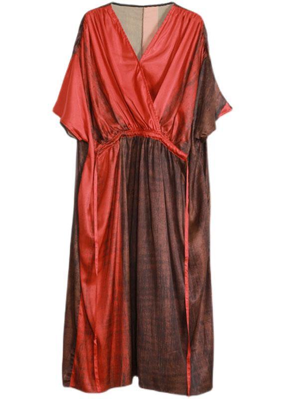 Organic Red Drawstring V Neck Silk Dress - bagstylebliss