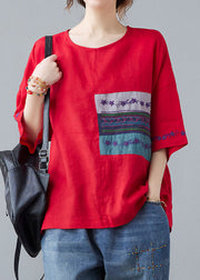 Organic Red Embroideried Patchwork Shirt Half Sleeve