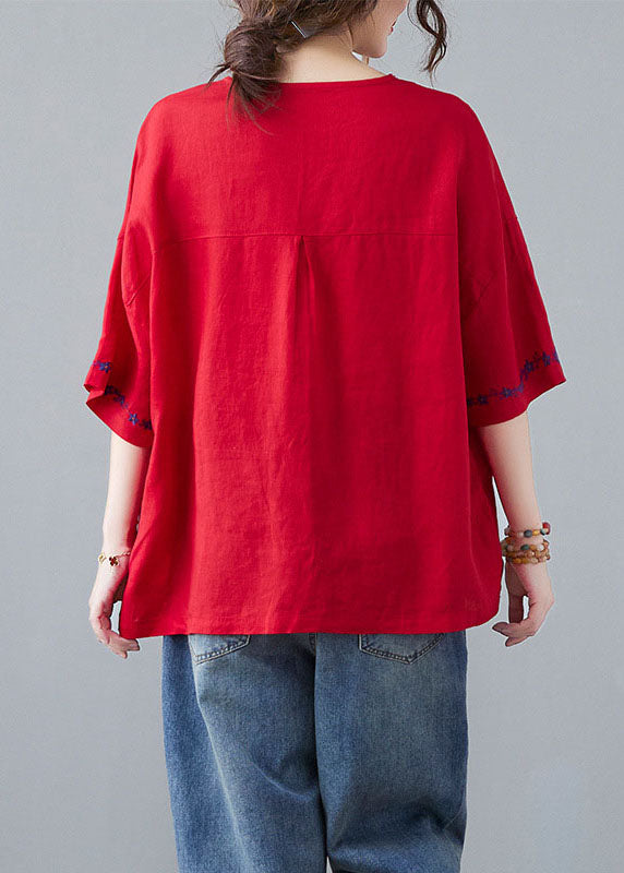 Organic Red Embroideried Patchwork Shirt Half Sleeve