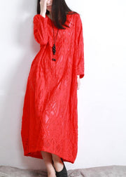 Organic Red Jacquard O-Neck Loose Silk Dress Summer - bagstylebliss