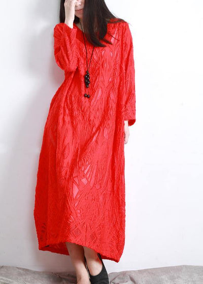 Organic Red Jacquard O-Neck Loose Silk Dress Summer - bagstylebliss