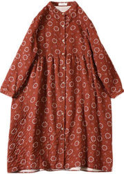 Organic Red Patchwork Pockets Button Fall Print Long sleeve Dress - bagstylebliss