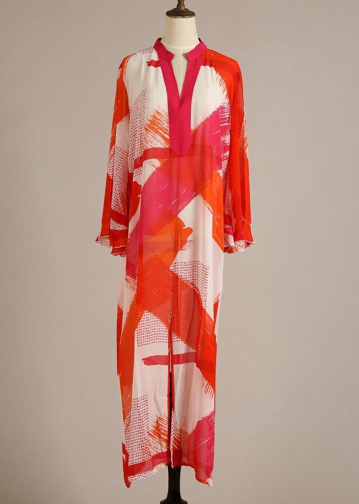 Organic Red Print flare sleeve Chiffon Dress Beach Gown - bagstylebliss