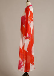 Organic Red Print flare sleeve Chiffon Dress Beach Gown - bagstylebliss