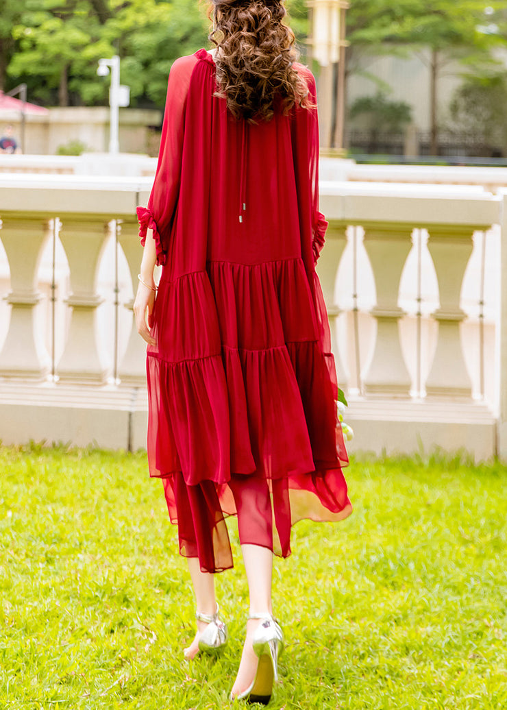 Organic Red Ruffled Patchwork Silk Long Dress Summer