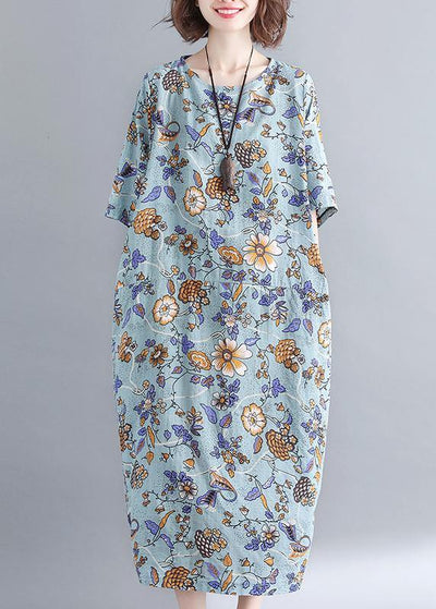 Organic Royal Blue Print O-Neck Cotton Linen Robe Dresses Summer - bagstylebliss