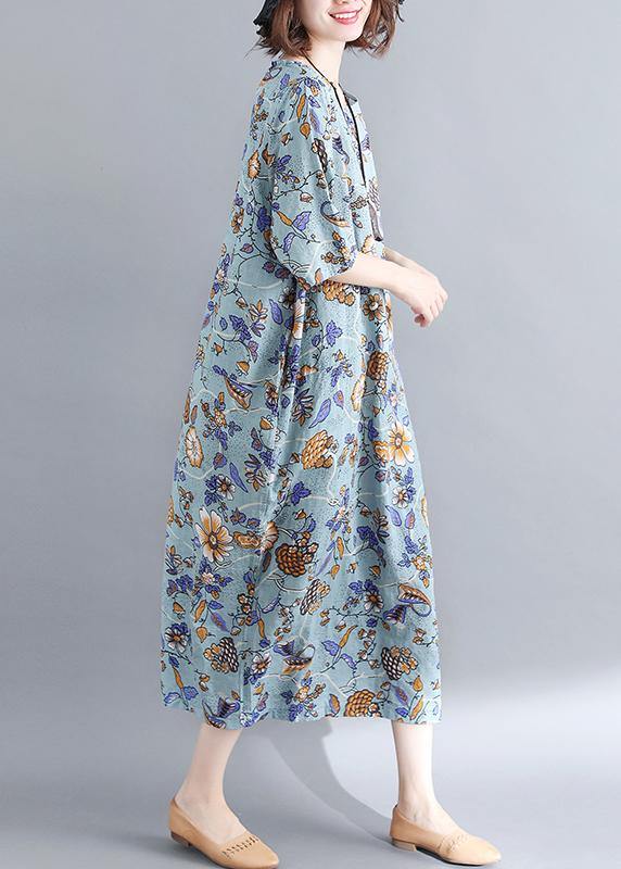 Organic Royal Blue Print O-Neck Cotton Linen Robe Dresses Summer - bagstylebliss