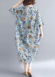 Organic Royal Blue Print O-Neck Cotton Linen Robe Dresses Summer - bagstylebliss