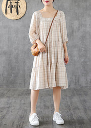 Organic Square Collar patchwork linen cotton clothes linen beige plaid Dresses - bagstylebliss