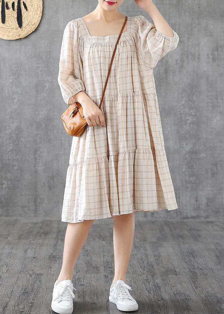 Organic Square Collar patchwork linen cotton clothes linen beige plaid Dresses - bagstylebliss