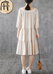 Organic Square Collar patchwork linen cotton clothes linen beige plaid Dresses - bagstylebliss