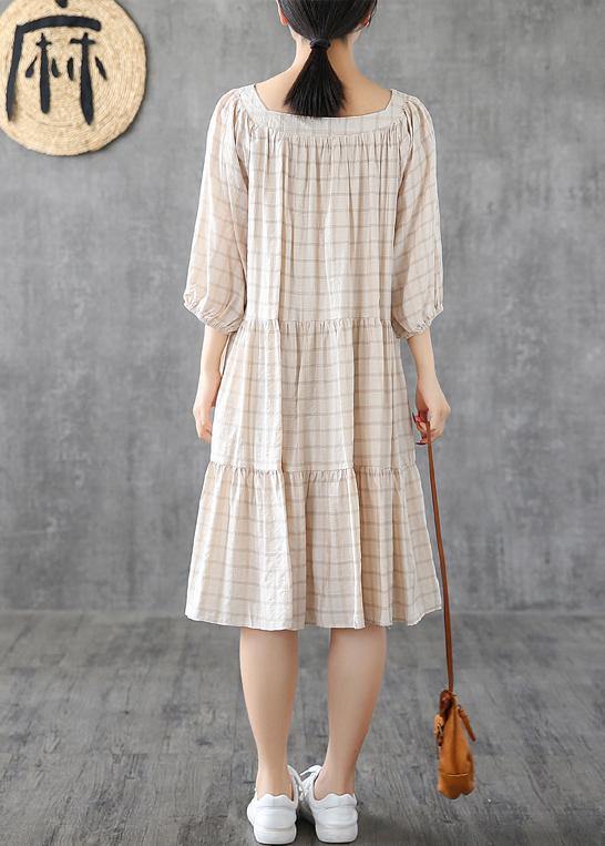 Organic Square Collar patchwork linen cotton clothes linen beige plaid Dresses - bagstylebliss