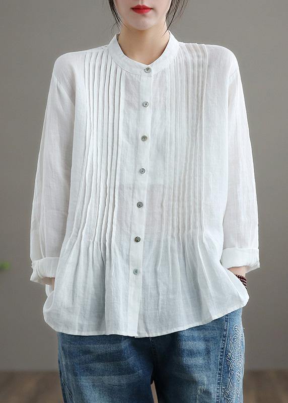 Organic Stand Collar Cinched Spring Linen Shirt Tunics White Cotton Blouse - bagstylebliss