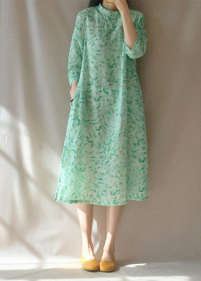 Organic Stand Collar Pockets Tunics Work Outfits Green Leaves Robe Dress - bagstylebliss