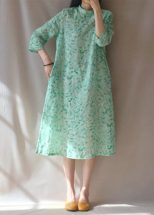 Organic Stand Collar Pockets Tunics Work Outfits Green Leaves Robe Dress - bagstylebliss