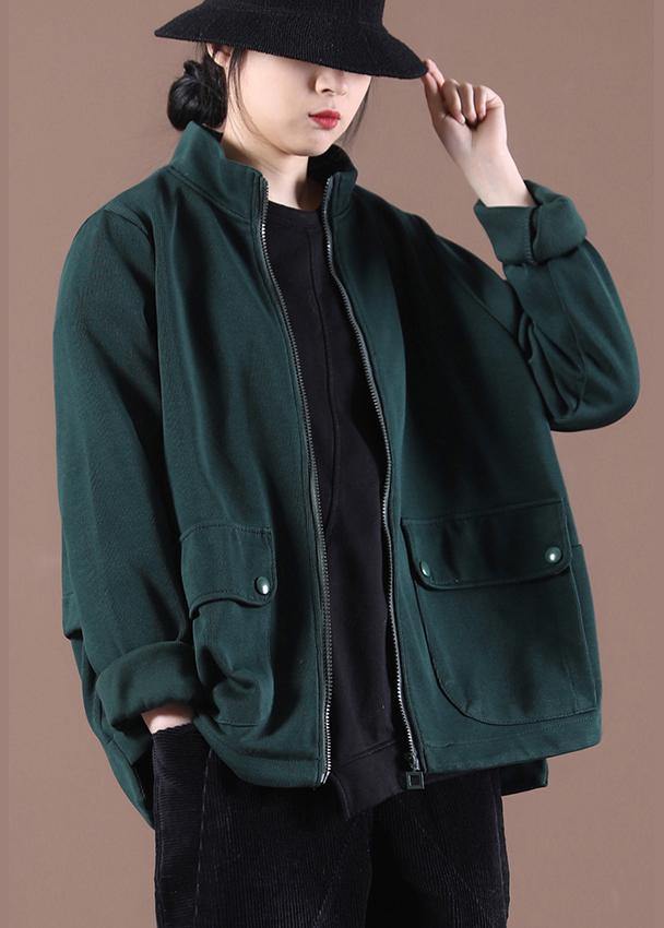 Organic Tea Green Zip Up Stand Collar Short Coats - bagstylebliss