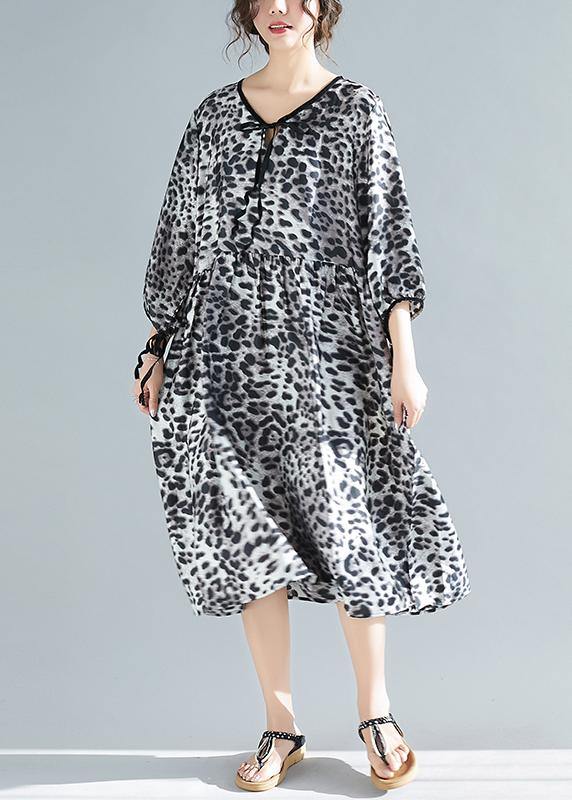 Organic V Neck Half Sleeve Lnspiration Gray Leopard A Line Dresses - bagstylebliss