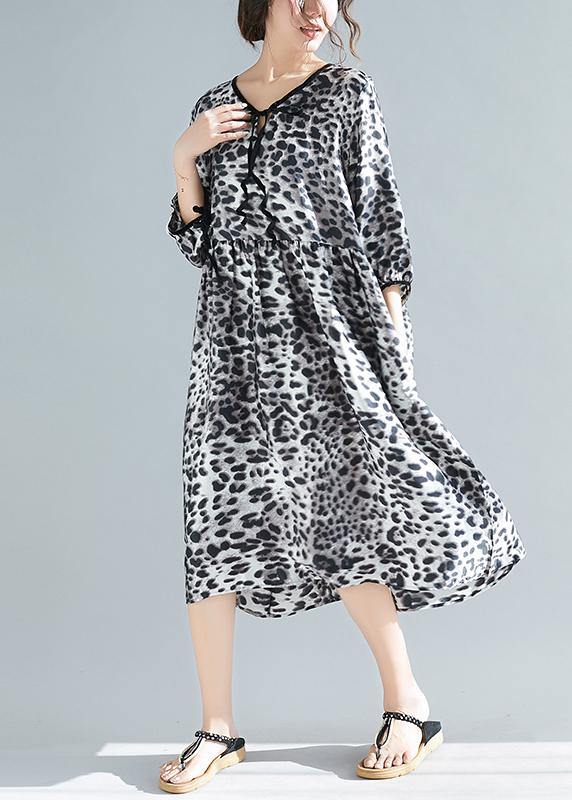 Organic V Neck Half Sleeve Lnspiration Gray Leopard A Line Dresses - bagstylebliss