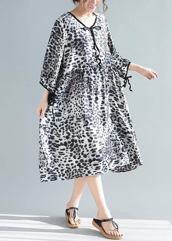 Organic V Neck Half Sleeve Lnspiration Gray Leopard A Line Dresses - bagstylebliss