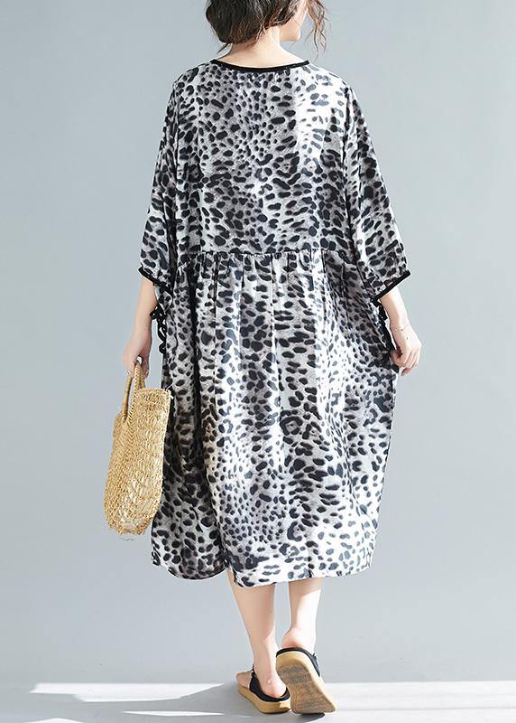 Organic V Neck Half Sleeve Lnspiration Gray Leopard A Line Dresses - bagstylebliss