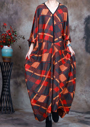 Organic V Neck Print Plaid Holiday Dress Spring