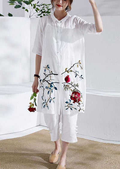 Organic White Button Embroideried Summer Ramie Loose Coat Half Sleeve - bagstylebliss