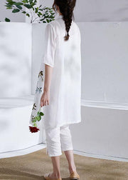 Organic White Button Embroideried Summer Ramie Loose Coat Half Sleeve - bagstylebliss