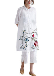 Organic White Button Embroideried Summer Ramie Loose Coat Half Sleeve - bagstylebliss