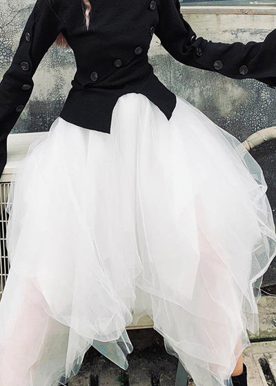 Organic White High Waist asymmetrical design Summer tulle Skirt - bagstylebliss