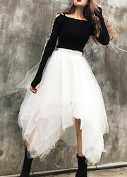 Organic White High Waist asymmetrical design Summer tulle Skirt - bagstylebliss