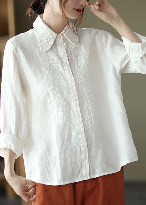 Organic White Loose Embroideried Fall Linen Long Sleeve Blouse Tops - bagstylebliss