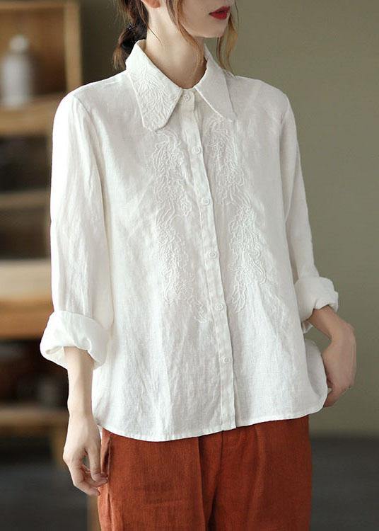 Organic White Loose Embroideried Fall Linen Long Sleeve Blouse Tops - bagstylebliss