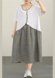 Organic White Patchwork Plaid Cotton Linen Holiday Dress Summer - bagstylebliss