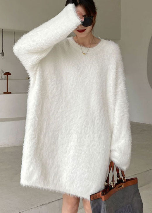 Organic White V Neck Mink Hair Knitted Sweater Dress Winter