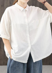 Organic White asymmetrical design Casual Cotton Linen Top Summer - bagstylebliss