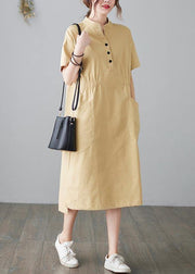 Organic Yellow Cinched Pockets Summer Cotton Dress - bagstylebliss