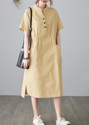 Organic Yellow Cinched Pockets Summer Cotton Dress - bagstylebliss