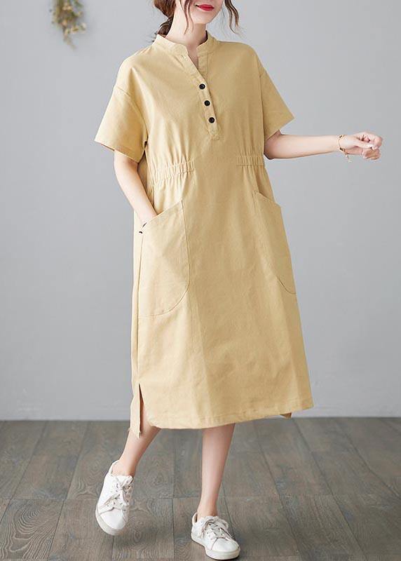 Organic Yellow Cinched Pockets Summer Cotton Dress - bagstylebliss