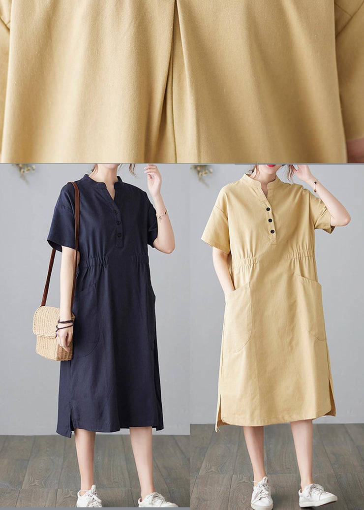 Organic Yellow Cinched Pockets Summer Cotton Dress - bagstylebliss